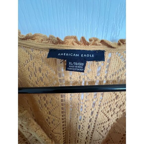 American Eagle Mustard Yellow Crochet Long Sleeve Blouse With Tassels - Picture 4 of 6